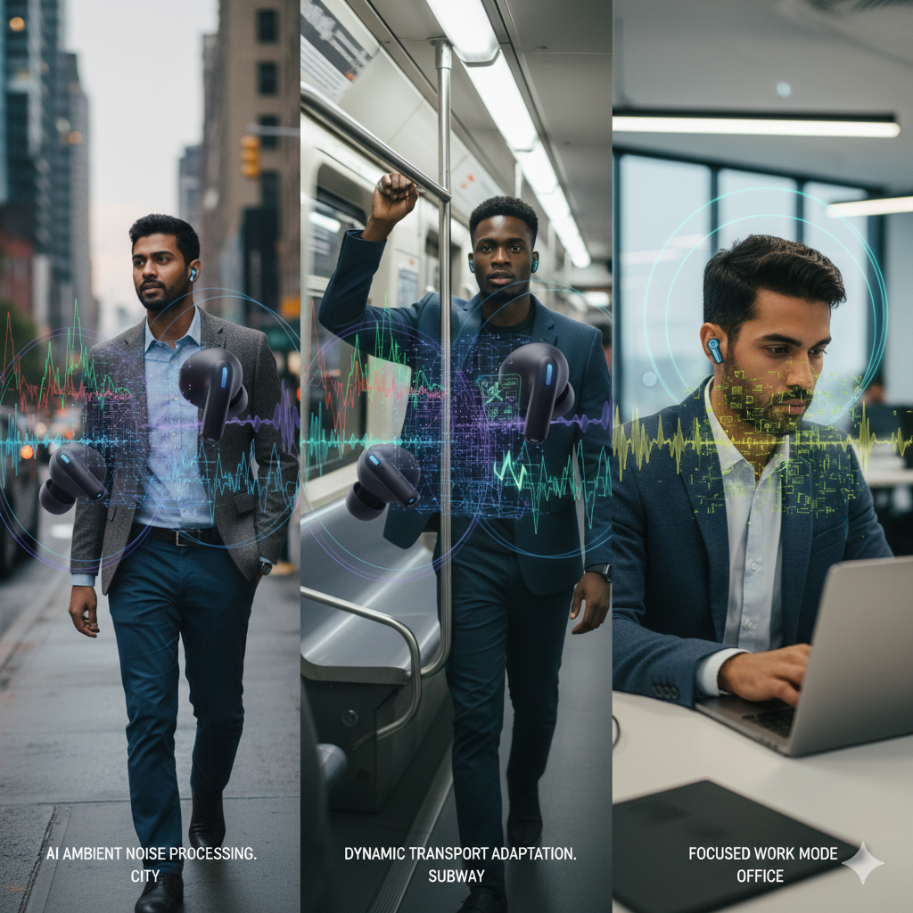 AI earbuds adapting noise cancellation to different environments in real time