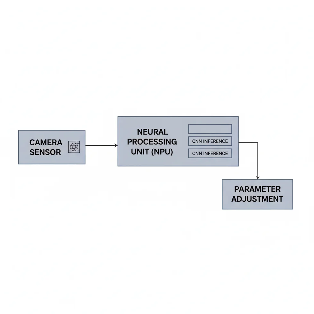 System diagram showing the role of AI in phone cameras, illustrating data flow from camera sensor to NPU for CNN inference and parameter adjustment.