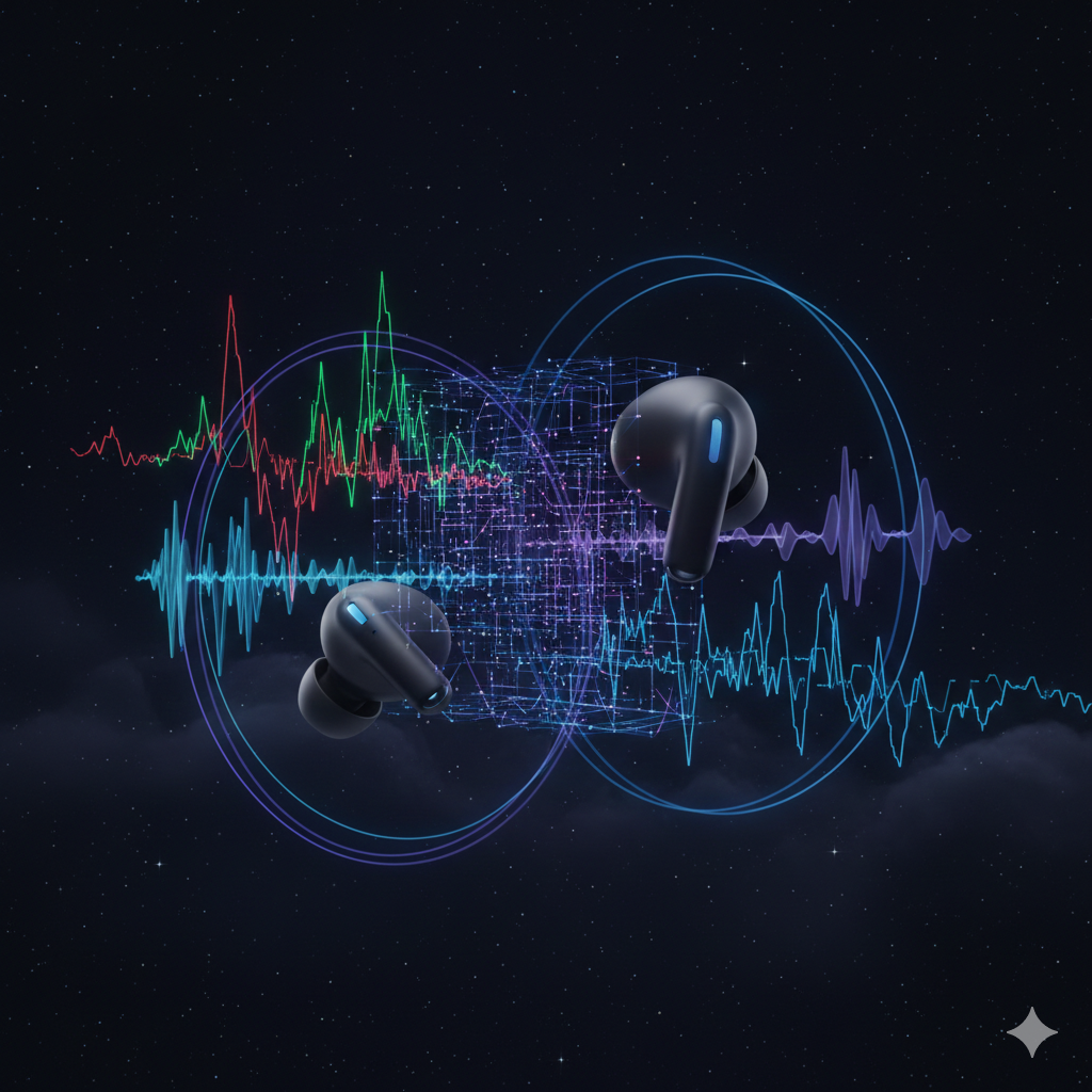 AI-powered earbuds filtering sound waves through intelligent noise cancellation