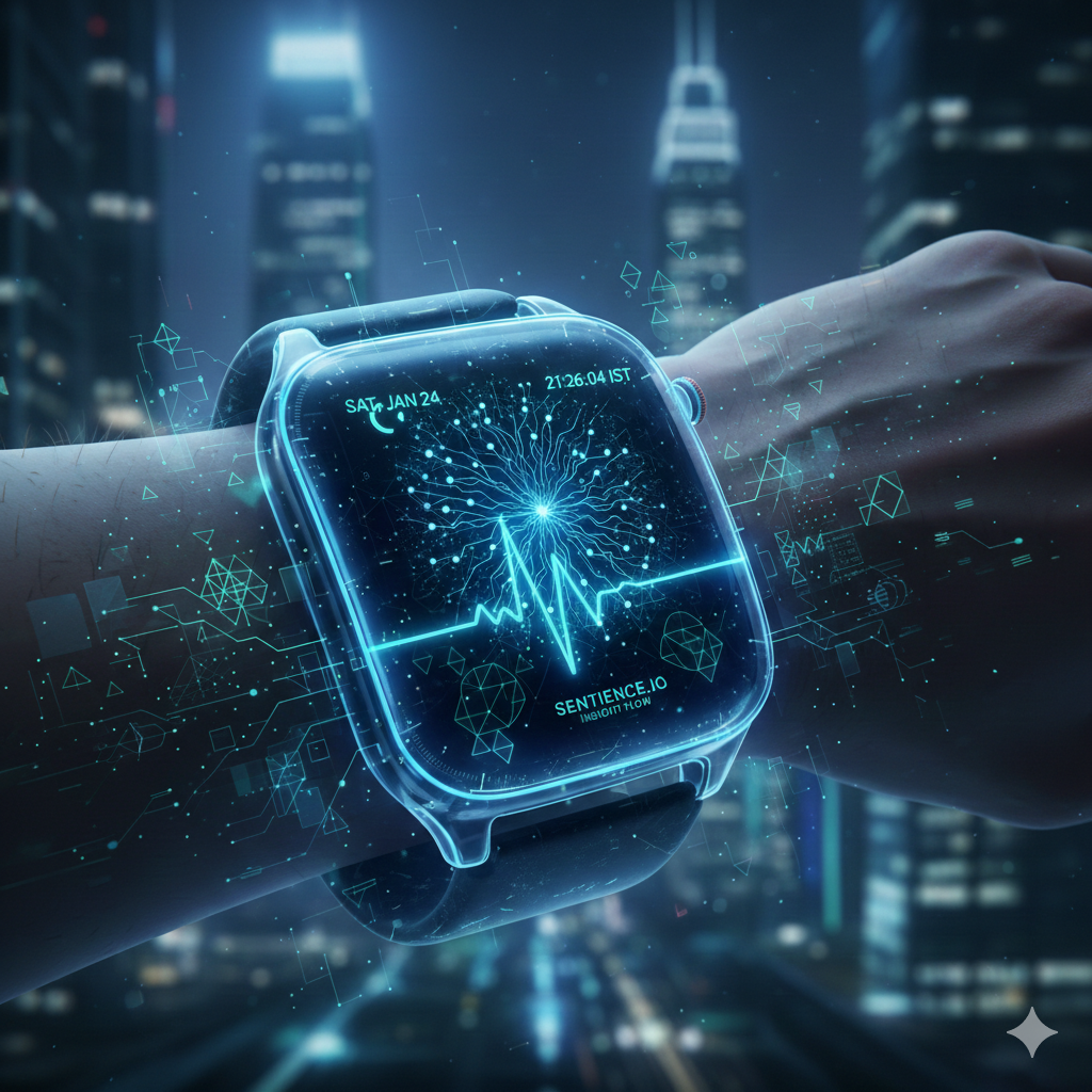 Conceptual illustration of AI smartwatches showing health data and neural network analysis