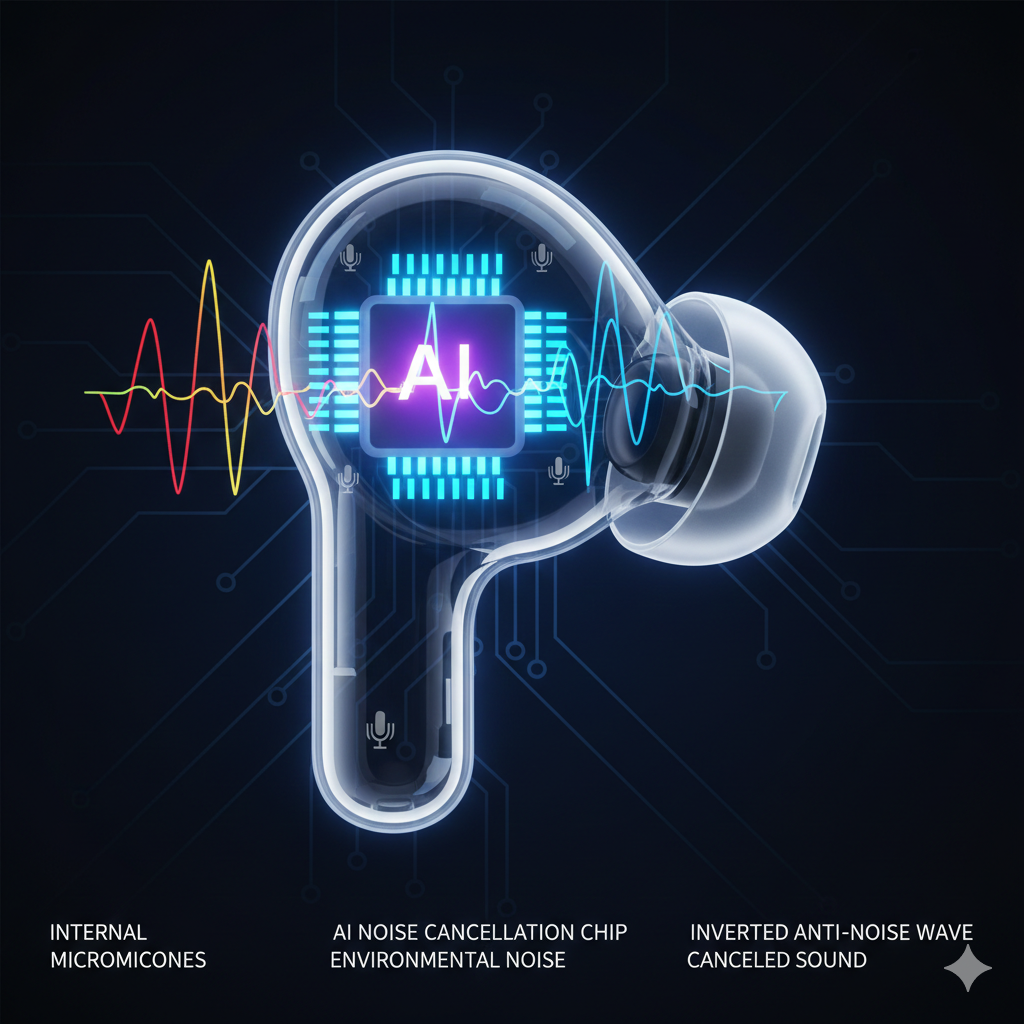 AI noise cancellation in earbuds working through anti-noise sound waves
