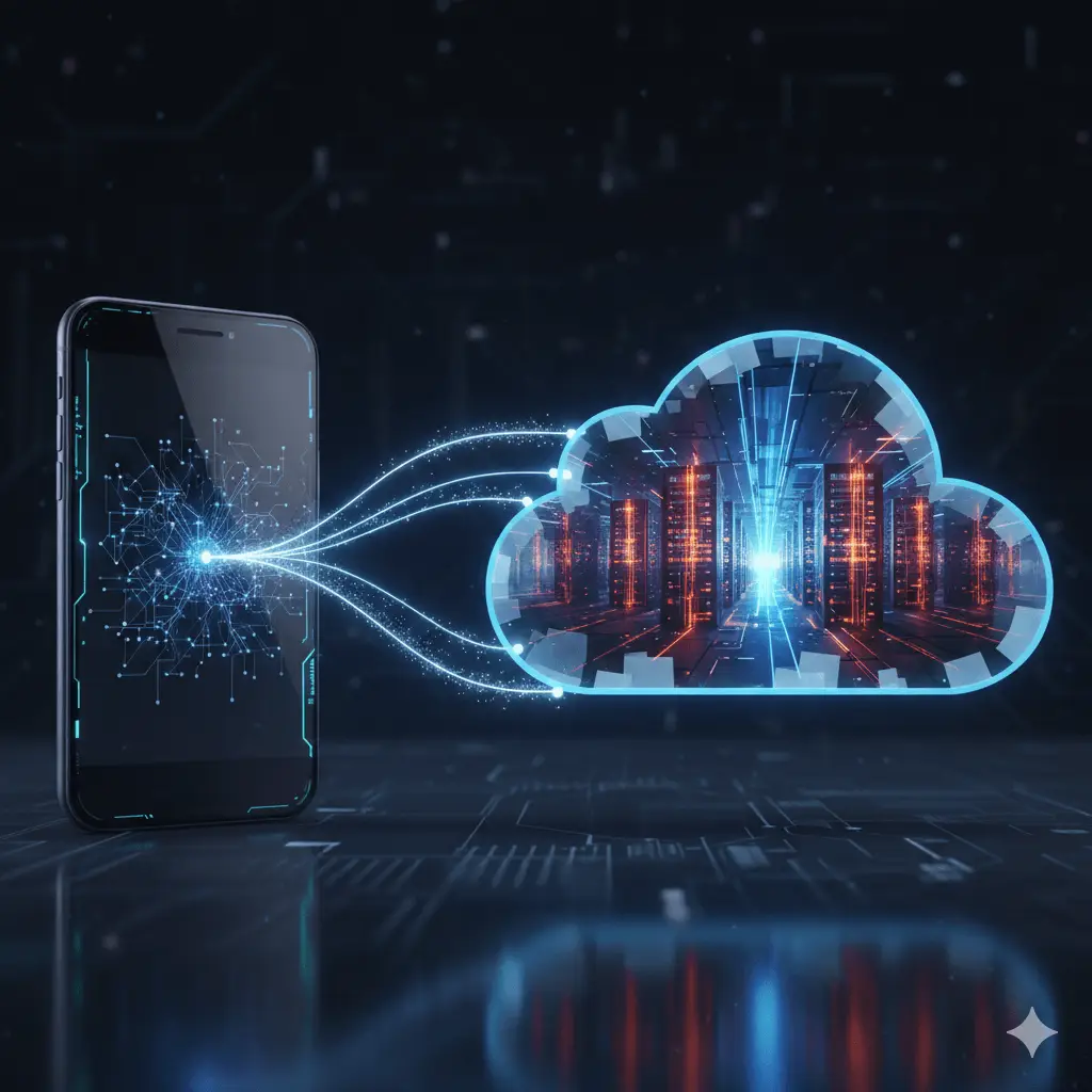 Smartphone connected to cloud servers showing hybrid AI processing and AI phone cloud dependency
