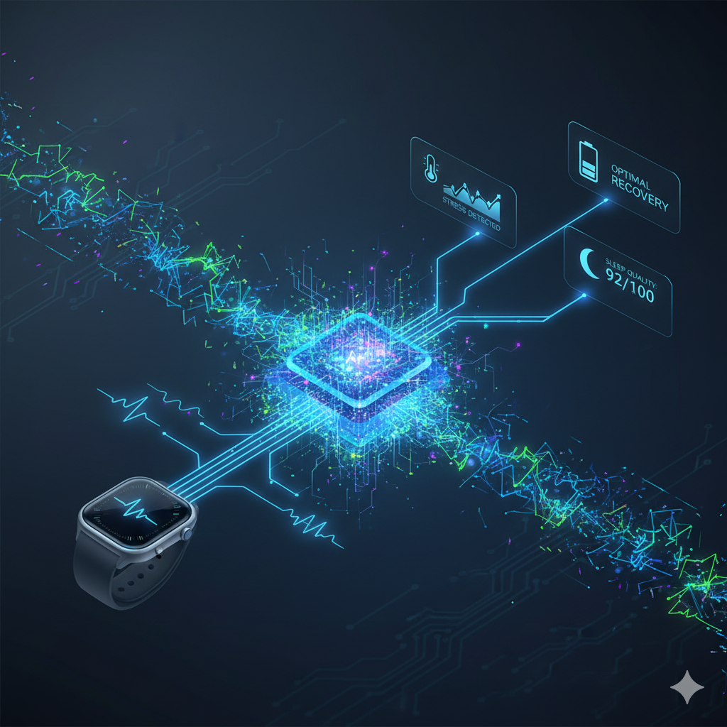  Illustration depicting various raw biometric data streams flowing from a stylized smartwatch into an AI processing core, transforming into clear, actionable health insights.