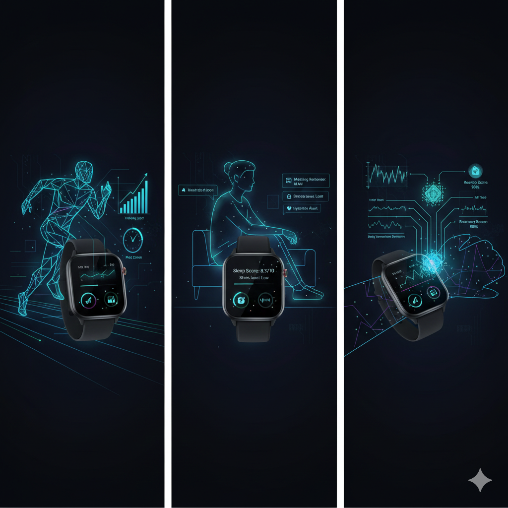 Conceptual image comparing three different AI-enhanced smartwatch use cases: one for athletic performance, one for holistic daily health, and one for deep biometric analysis, each with distinct data visualizations.