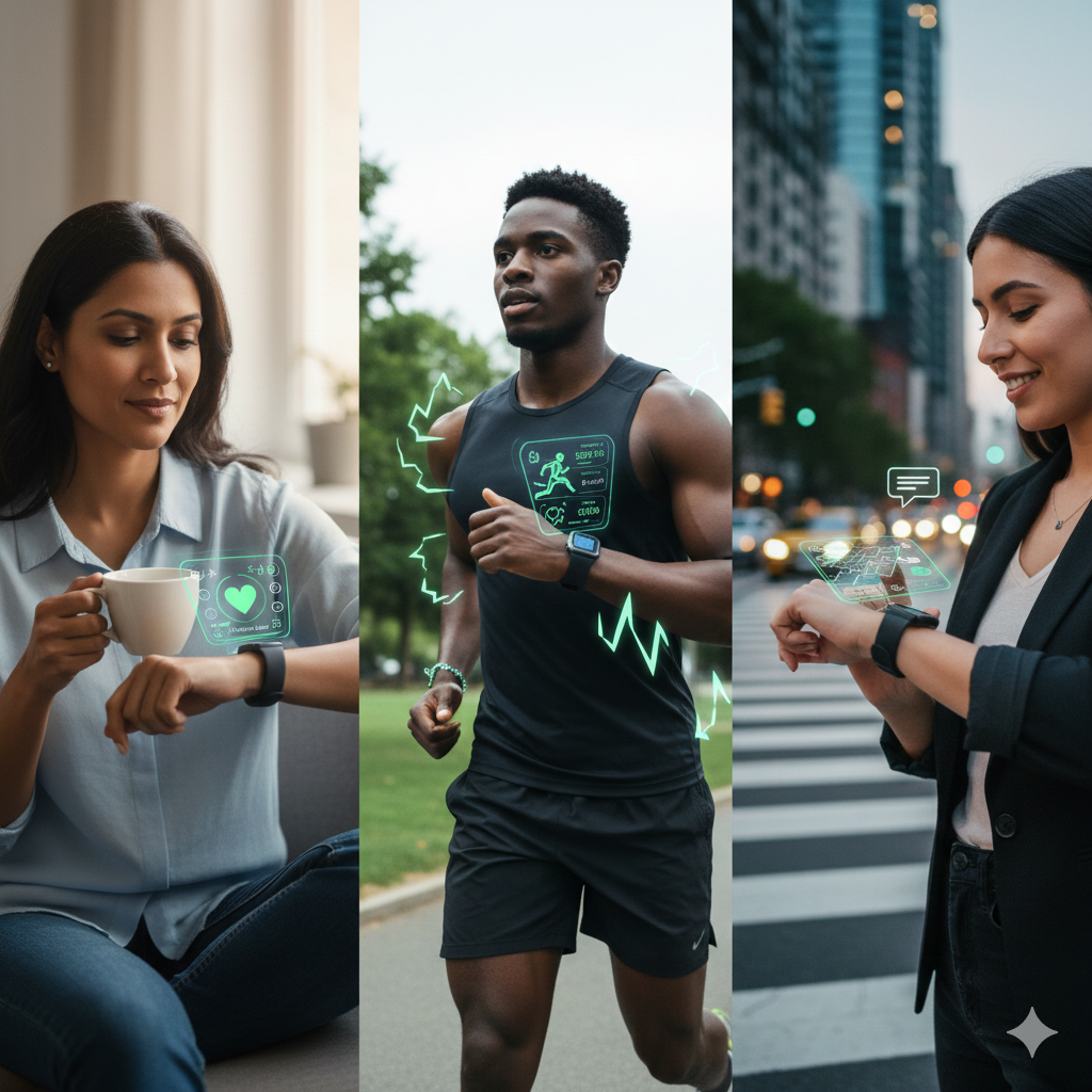 Editorial photo illustrating diverse individuals (a health-conscious person, an an athlete, a busy professional) benefiting from AI-powered smartwatches in their daily lives.