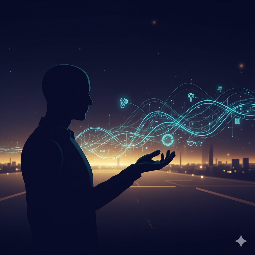 Human silhouette navigating glowing AI wearable data network, balancing opportunity and ethical complexity