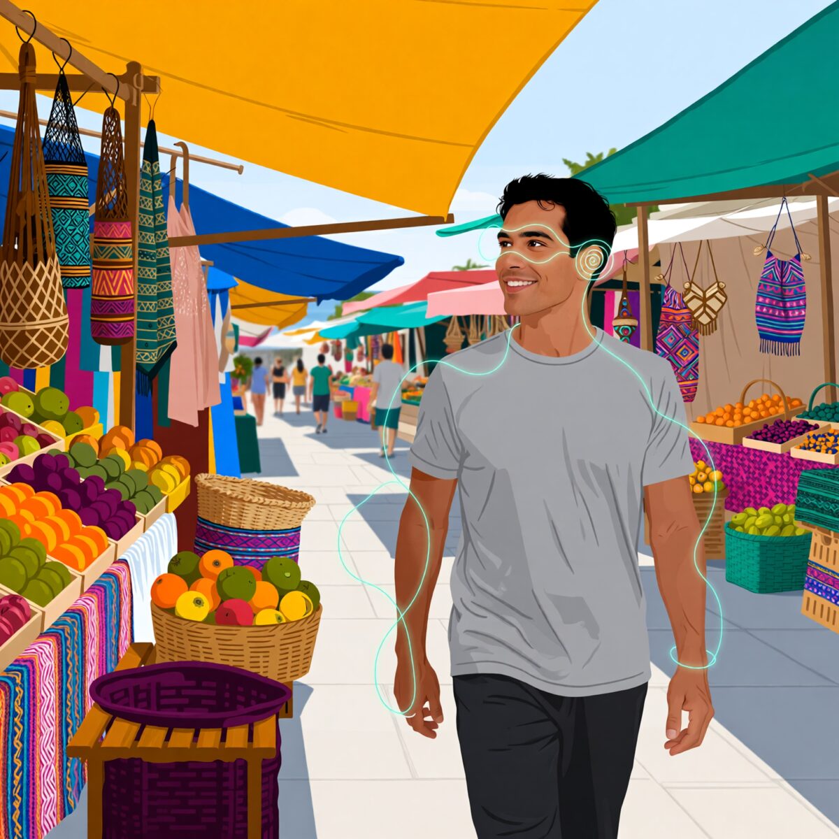 Illustration person focused market subtle AI wearable glows earbud ring glasses no smartphone daily assistance