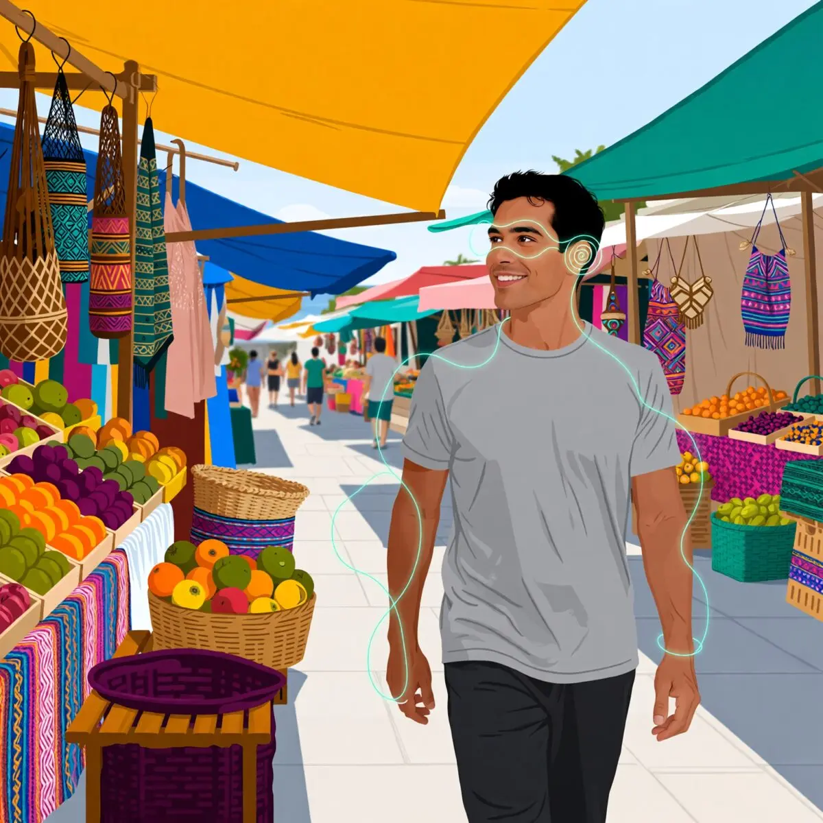 Illustration person focused market subtle AI wearable glows earbud ring glasses no smartphone daily assistance
