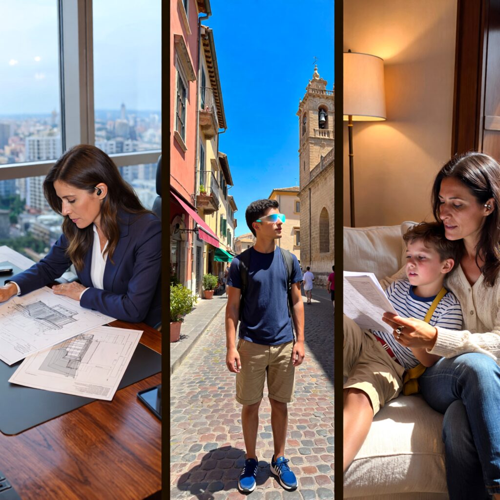 Triptych: professional earbud, traveler smart glasses AR, parent smart ring—AI wearables for every lifestyle