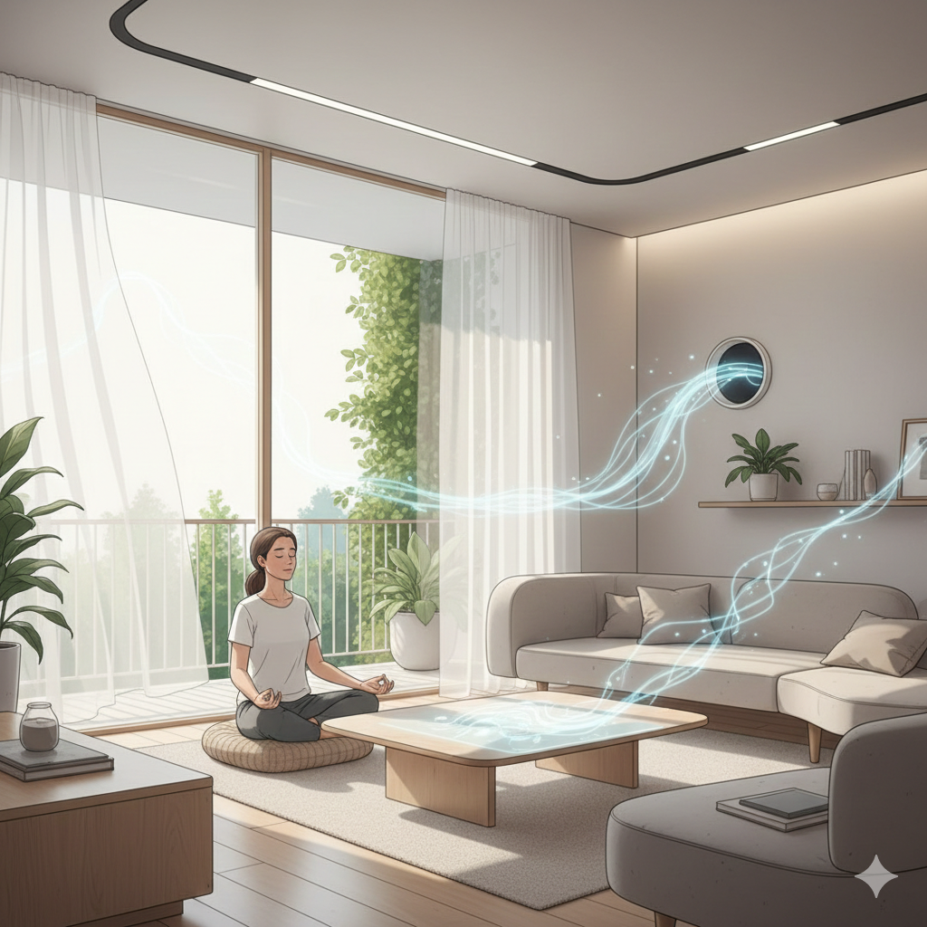 Illustration of a calm living space enhanced by seamless ambient AI technology
