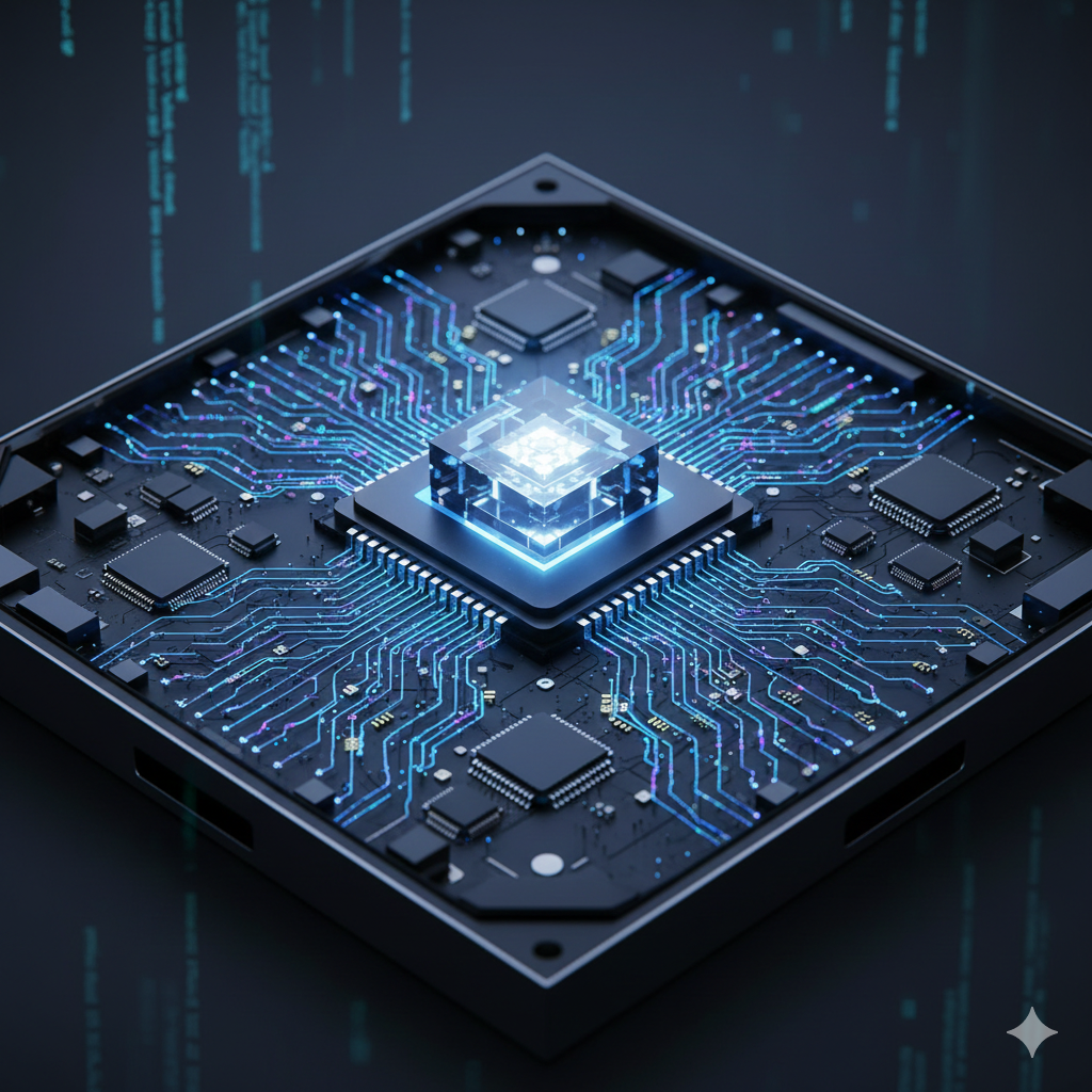 Illustration of a glowing, intricate AI chip with neural pathways inside a compact device, symbolizing the specialized hardware for on-device AI processing.