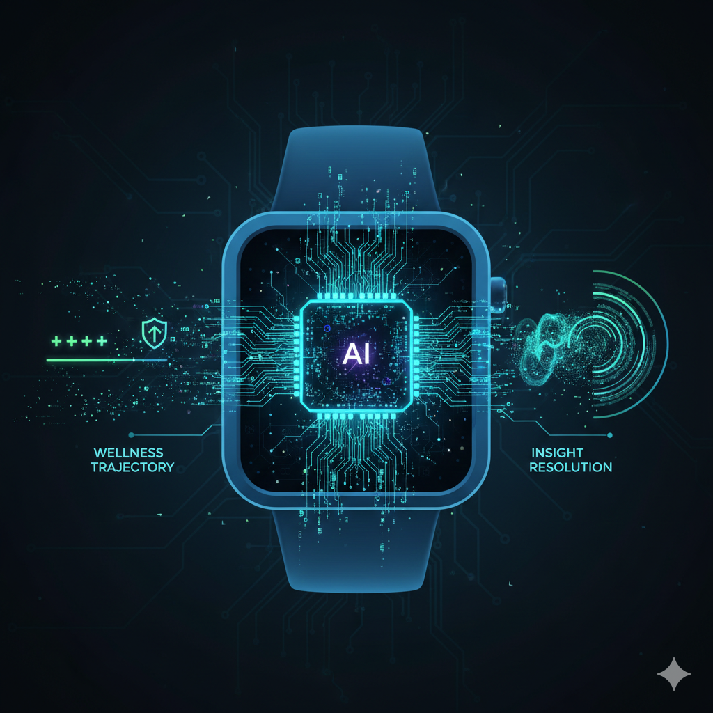  Illustration of a tiny, powerful AI chip embedded within a conceptual smartwatch, symbolizing edge AI processing and its role in proactive health and data interpretation within the broader tech landscape.