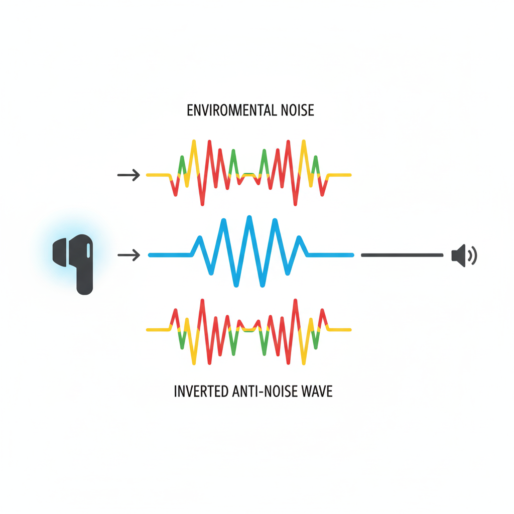 Diagram showing how active noise cancellation uses opposite sound waves