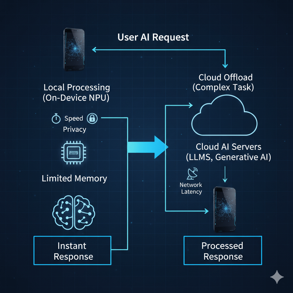 Hybrid AI workflow showing on-device processing and cloud offloading for complex AI tasks