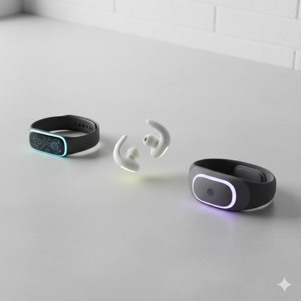 A collection of generic smart devices including a fitness tracker, earbuds, and a sleep headband, representing the diverse range of emerging local AI gadgets