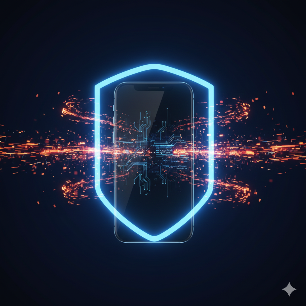 Conceptual image of a generic smart device surrounded by a glowing digital shield, representing the enhanced privacy and protection offered by on-device AI.