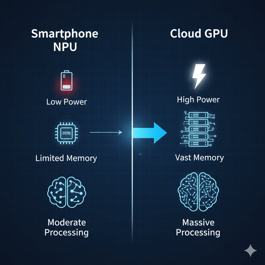 Comparison of smartphone NPU limitations versus cloud GPU power for AI model processing