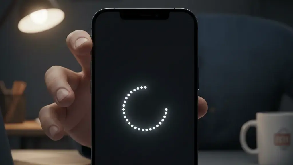 A realistic, high-resolution, 16:9 aspect ratio image showing a close-up of a modern iPhone (e.g., iPhone 14/15) screen. The screen is black or displays a subtle, frozen spinning loading wheel. A slightly blurred background shows a person's hand reaching towards the phone with a concerned expression. The overall mood should be slightly tense, reflecting a technical problem.