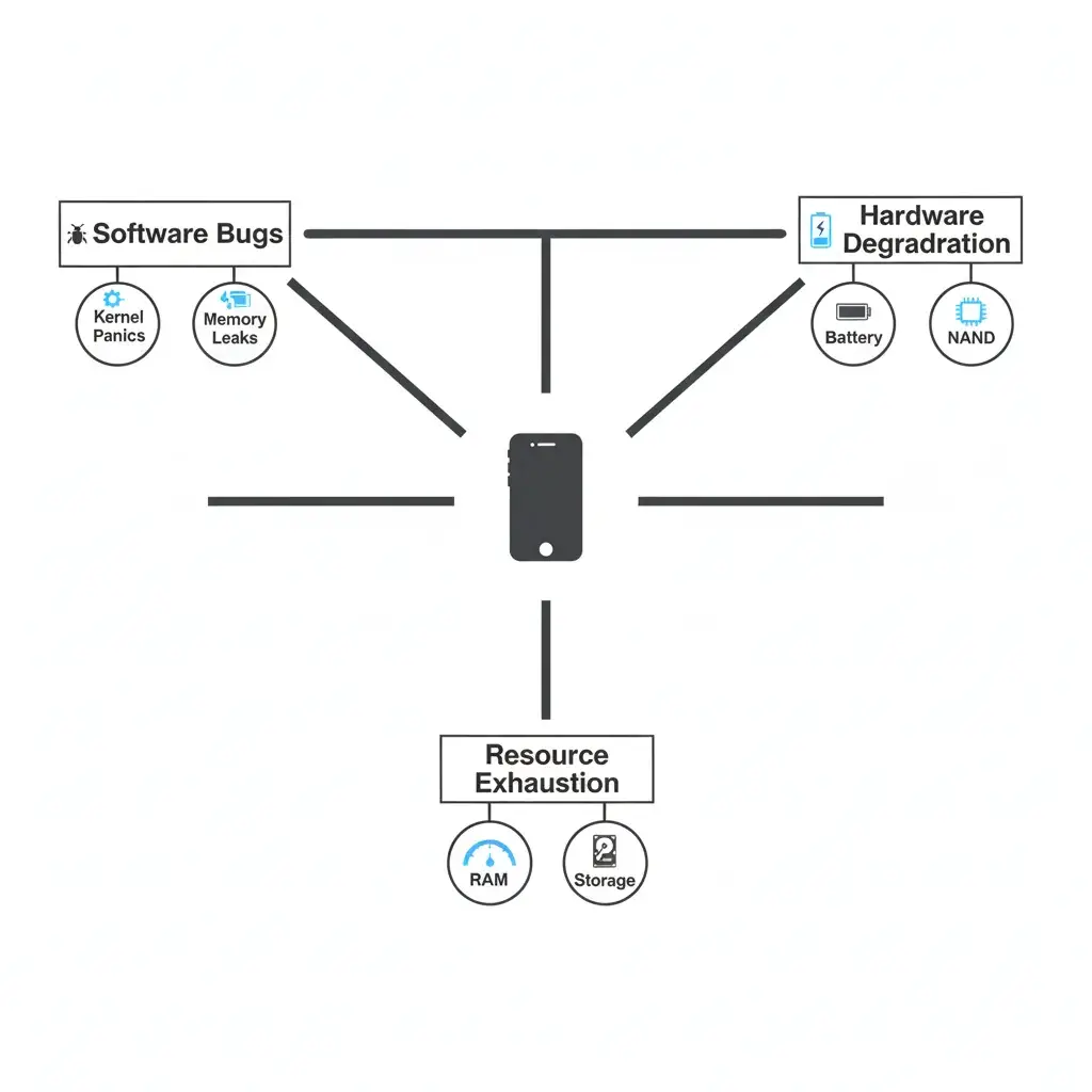 Diagram illustrating common iPhone crashing causes, categorizing them into software bugs, hardware degradation, and resource exhaustion.