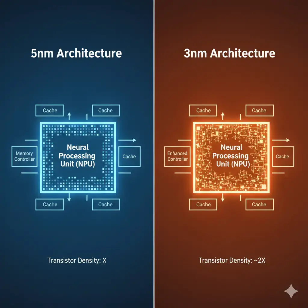 Technical diagram comparing 5nm vs 3nm AI workloads architecture of 5nm and 3nm AI chips, showing transistor density, NPU size, and cache improvements.