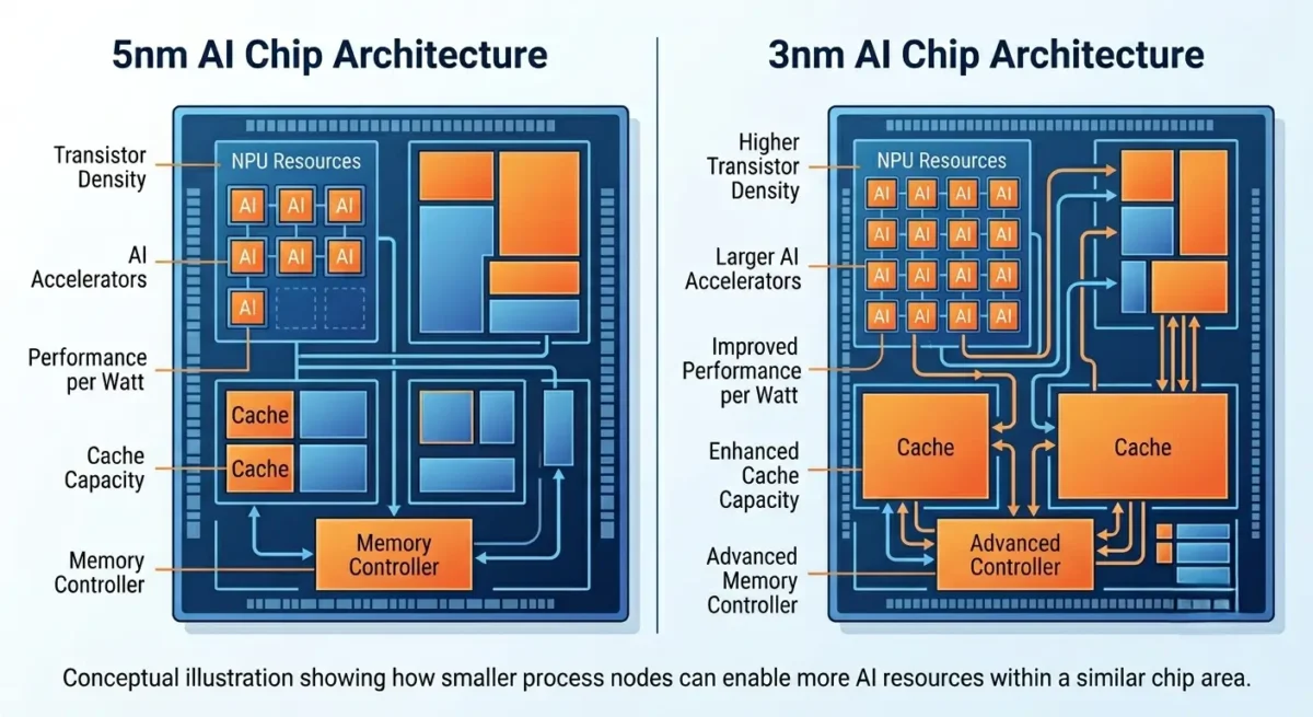 5nm vs 3nm AI chip architecture comparison showing differences in NPU resources, cache capacity, and transistor density