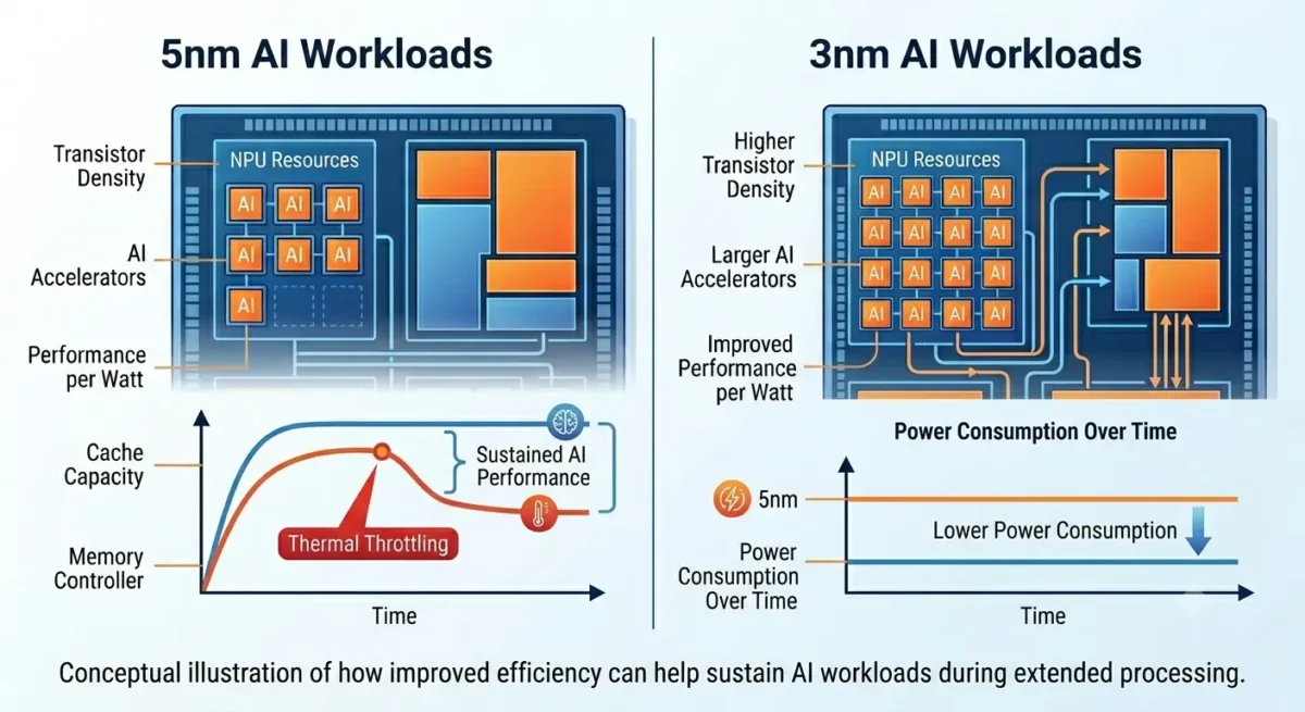 5nm vs 3nm AI workload comparison illustrating sustained performance and power efficiency differences