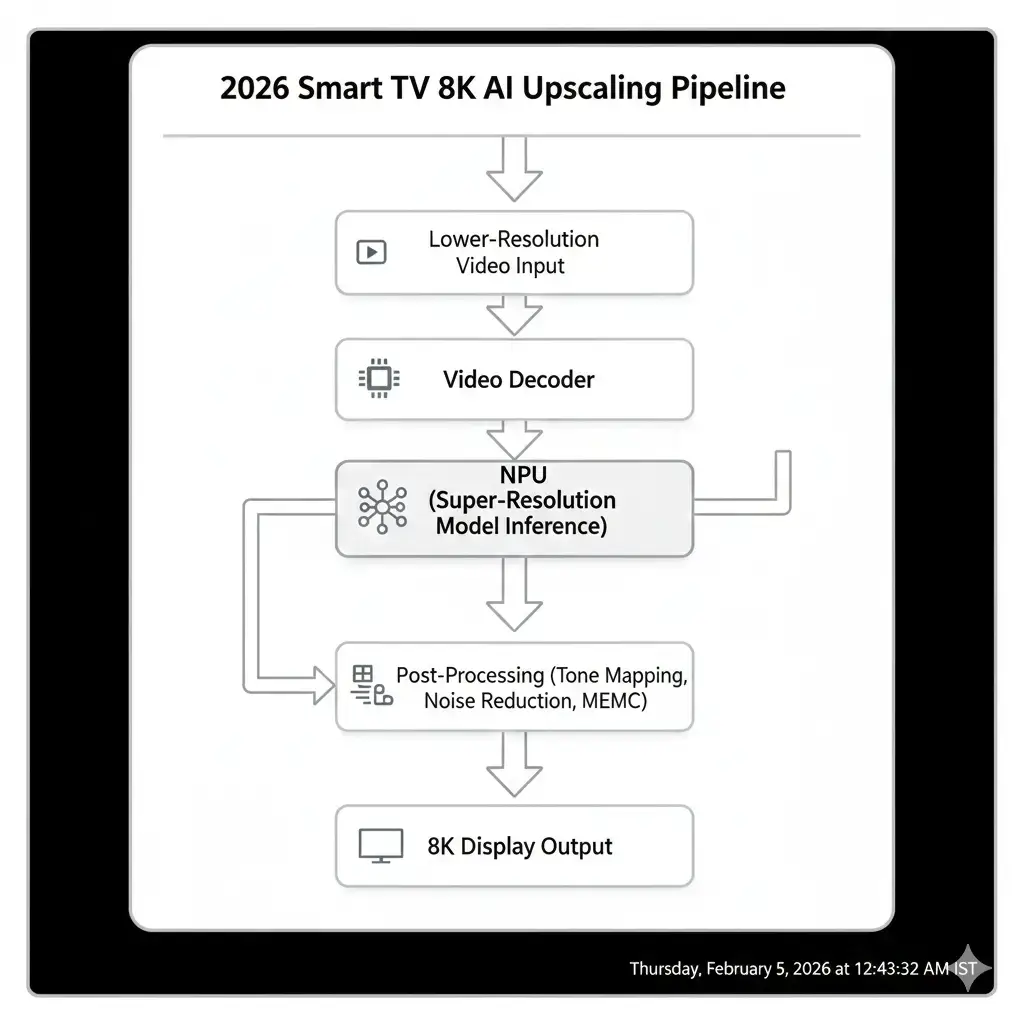 Flowchart illustrating the multi-stage 8K AI upscaling pipeline on a 2026 Smart TV SoC, from video decoding to display output, highlighting the NPU's role