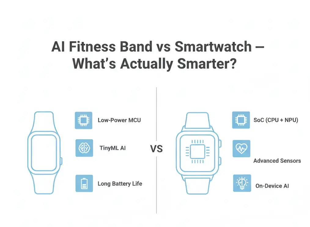 AI Fitness Bands vs Smartwatches architecture comparison showing MCU vs SoC with NPU and advanced sensors