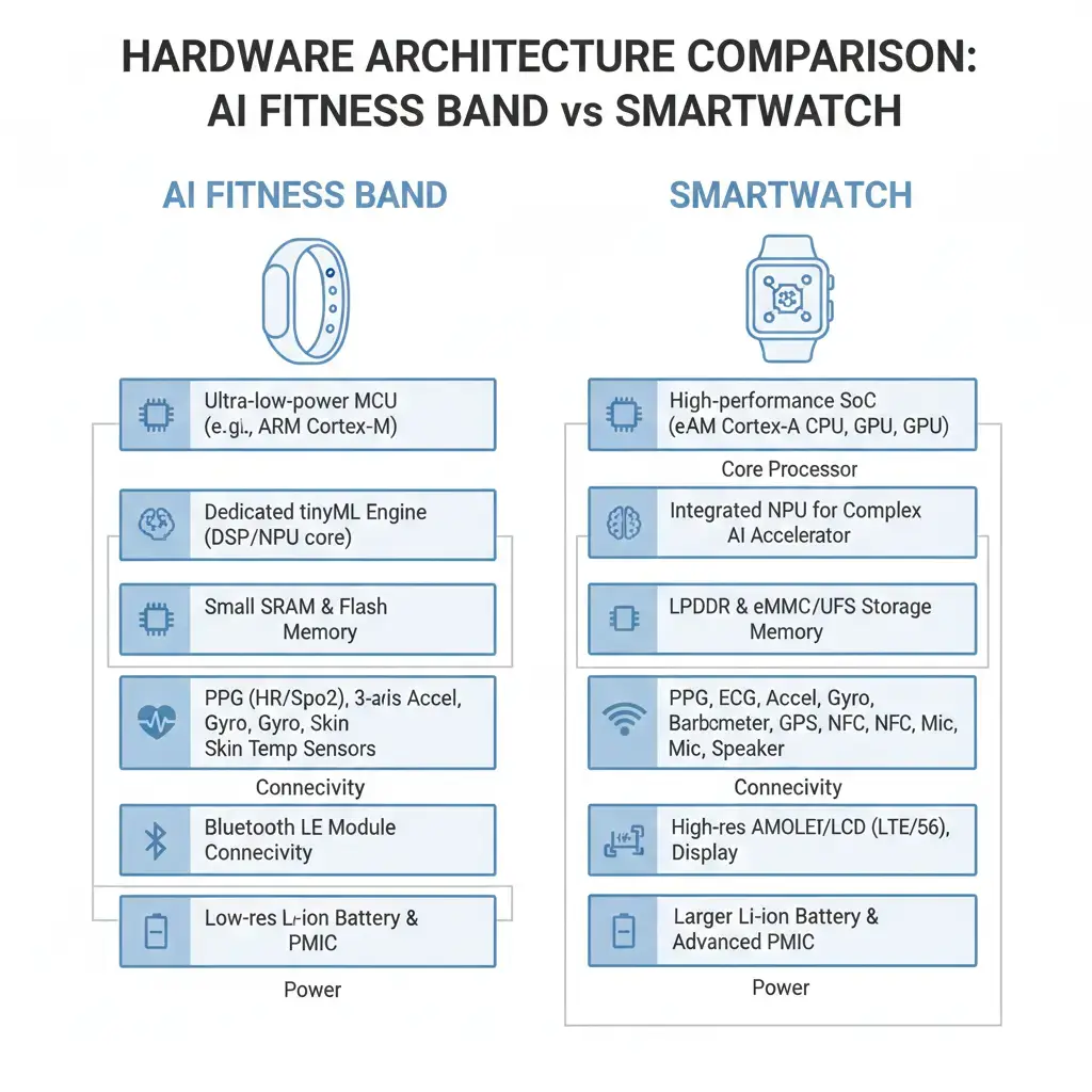 Hardware component comparison between AI-enabled fitness trackers and advanced smartwatches.