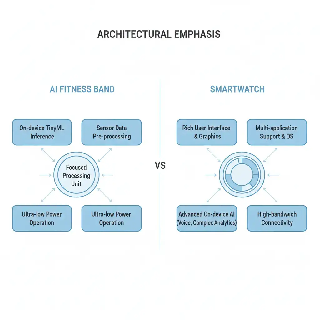  Conceptual performance and processing emphasis in AI fitness bands versus smartwatches.