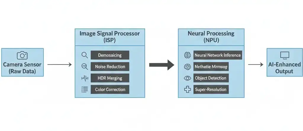 Technical diagram showing AI Image Processing ISP NPU data flow from raw camera sensor input through ISP pre-processing to NPU neural inference inside a modern SoC.