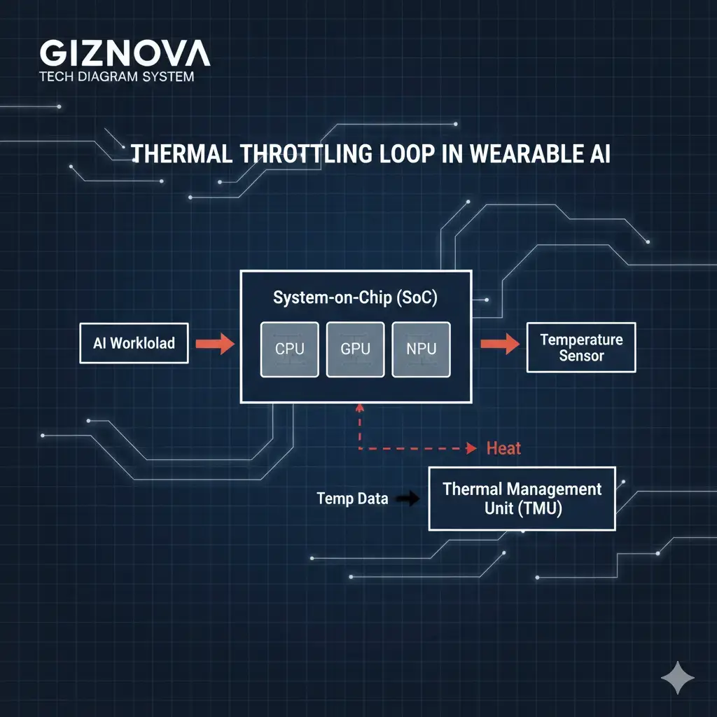 AI Wearable Thermal Throttling diagram showing the thermal throttling loop in a wearable AI device, detailing how temperature sensors trigger performance reduction in CPU, GPU, and NPU. Caption: A system diagram illustrating the thermal throttling mechanism in wearable AI devices, showing the feedback loop from temperature sensing to performance reduction in processing units