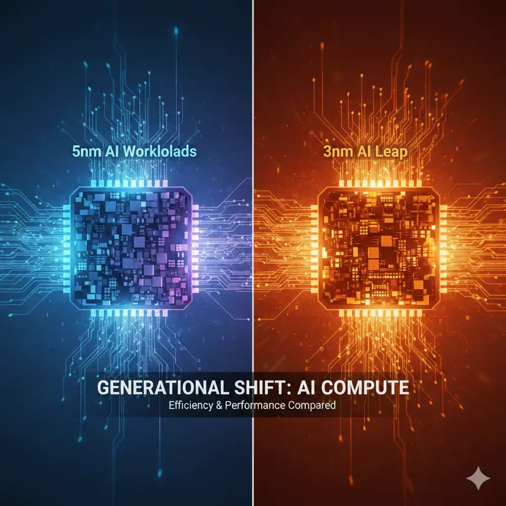 Visual comparison showing the technological leap from 5nm to 3nm process nodes for AI workloads, highlighting increased density and performance.
