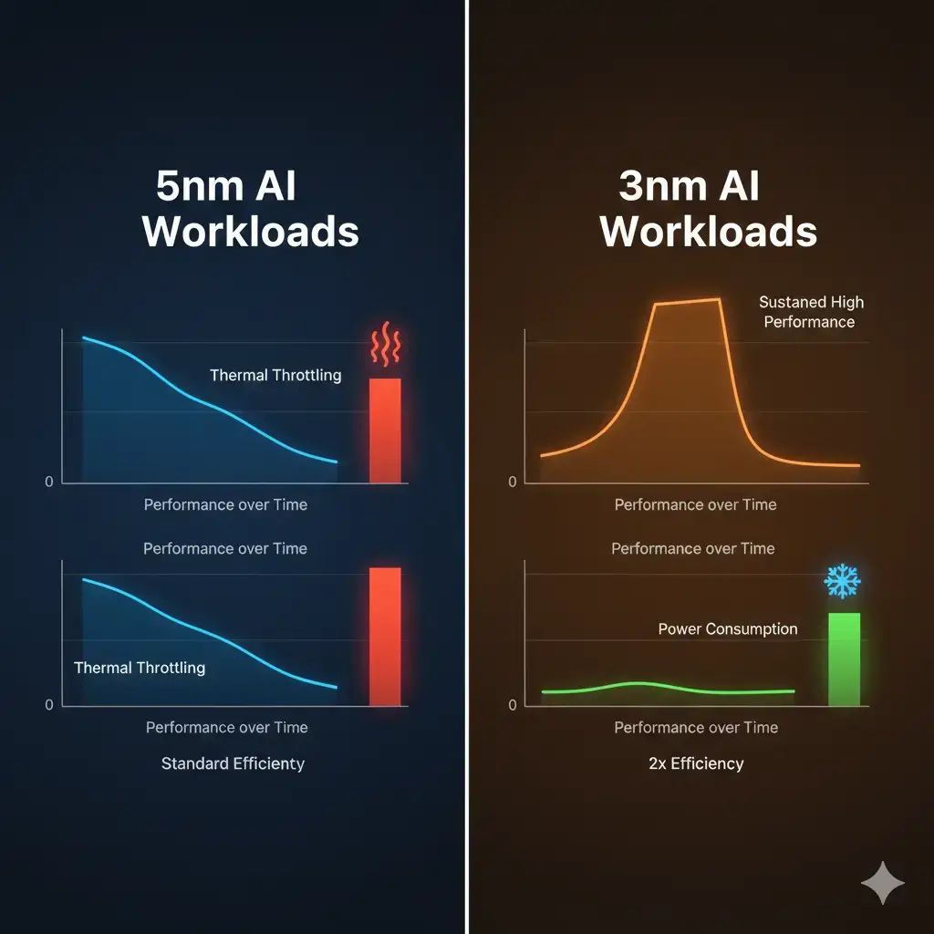 Comparison diagram illustrating the superior sustained AI performance and power efficiency of 3nm chipsets over 5nm, showing reduced thermal throttling