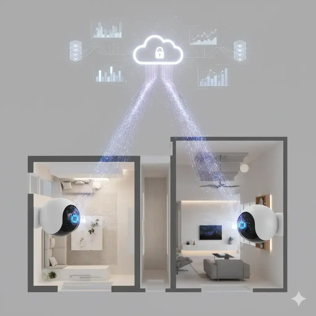 A visual representation of How Hybrid On-Device and Cloud AI Could Improve Smart Home Cameras, showing data flowing from multiple smart cameras to a central cloud server for advanced analytics and pattern recognition.