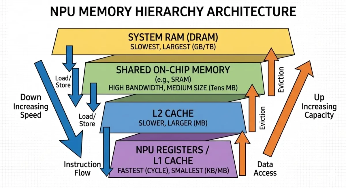 Detailed engineering diagram illustrating the multi-level memory hierarchy within the Intel Panther Lake NPU, showing data flow between dedicated NPU caches (L1, L2), shared on-chip memory, and system RAM for efficient AI workload processing.