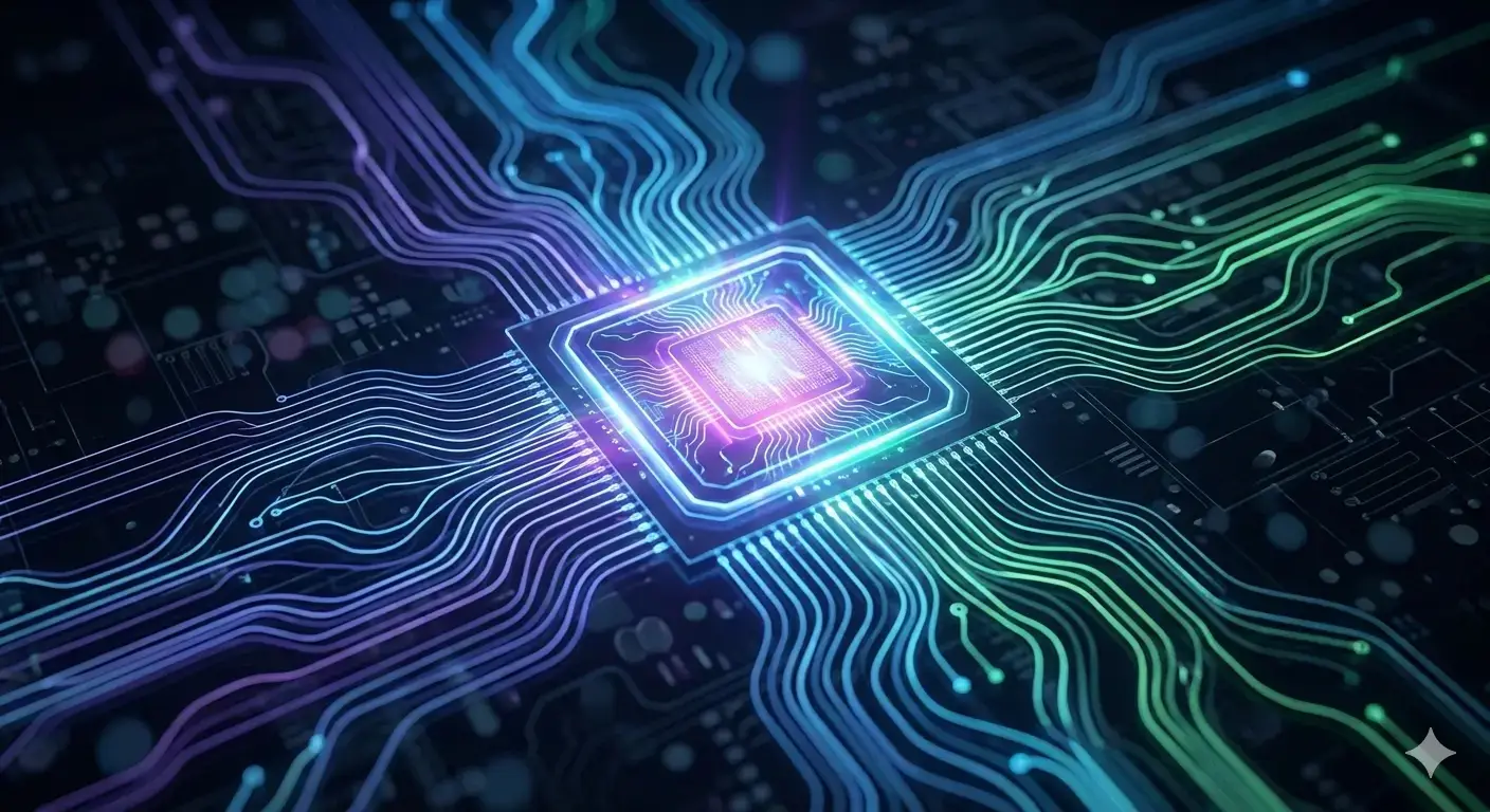 Conceptual illustration of the Intel Panther Lake NPU, symbolizing advanced AI processing, neural network acceleration, and future-ready computing with glowing data streams and a stylized chip outline