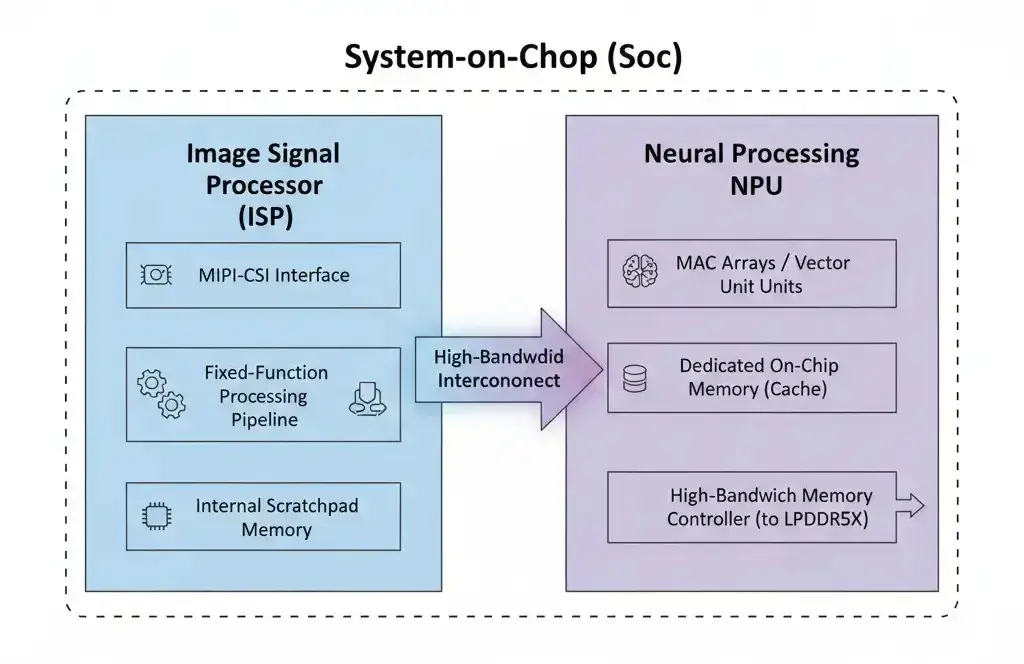 Architectural diagram detailing the internal components and high-level connections of an Image Signal Processor (ISP) and a Neural Processing Unit (NPU) within an SoC. Caption: A closer look at the specialized internal architectures of the ISP and NPU, highlighting their dedicated components and interconnects.