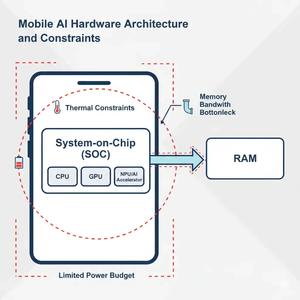 Diagram showing a mobile device’s internal AI hardware components (CPU, GPU, NPU, and RAM) and the power, thermal, and memory bandwidth constraints that trigger On-Device AI Cloud Fallback.
