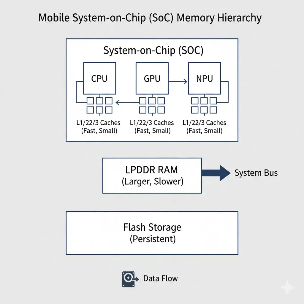 Technical diagram illustrating on-device AI memory limits through a mobile System-on-Chip (SoC) memory hierarchy, showing CPU, GPU, NPU, L1/L2/L3 caches, LPDDR RAM, and flash storage.