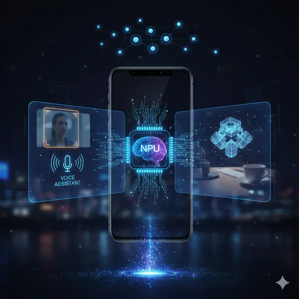 Illustration of a smartphone with various AI features (camera, voice assistant, AR) emanating from a central NPU chip, symbolizing its role in mobile AI.