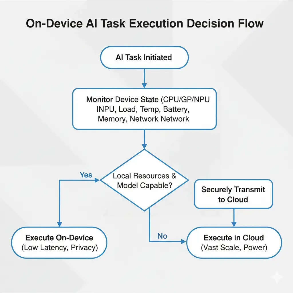 Flowchart detailing the decision-making process for On-Device AI Cloud Fallback, showing how tasks are routed based on device resources and task complexity.