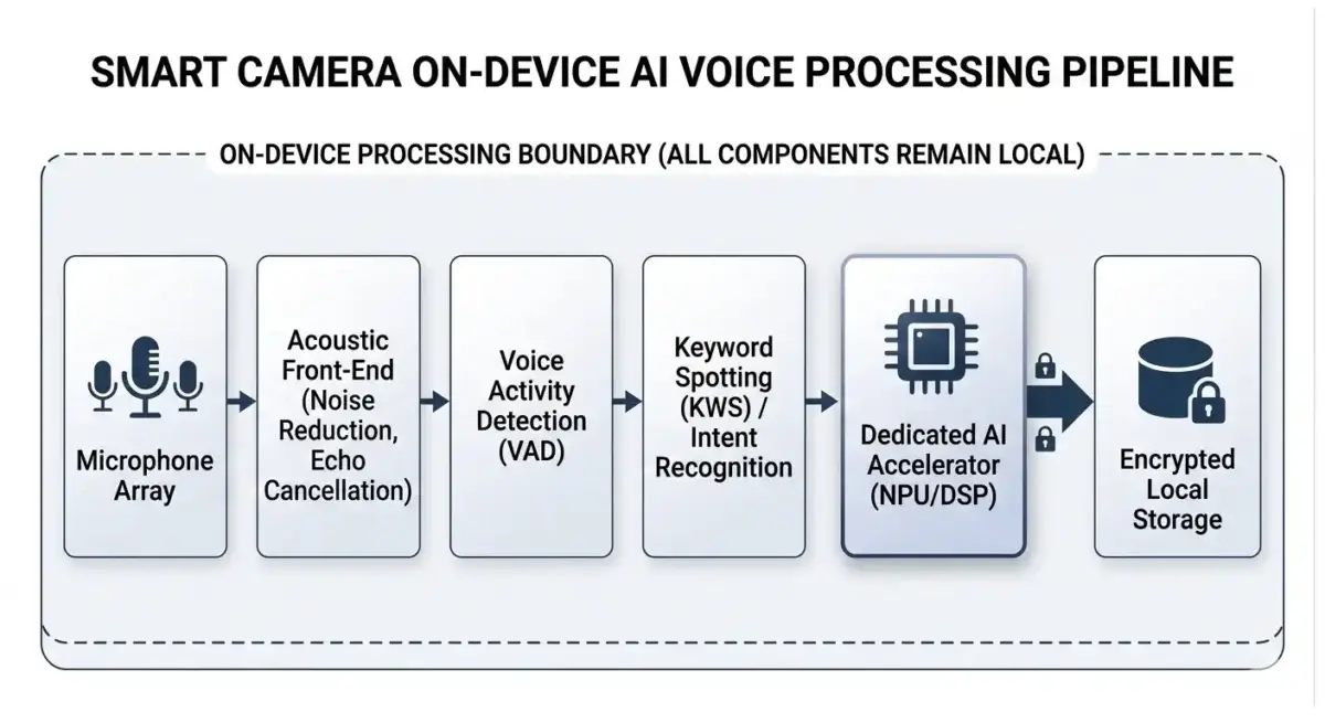 On-device AI powers truly private voice assistants architecture diagram in smart cameras.
