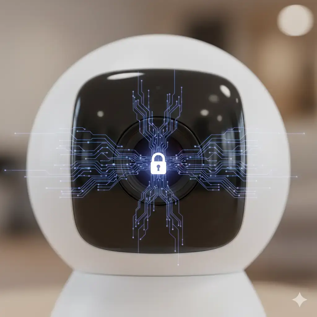A close-up of a smart home camera lens with a subtle digital privacy shield icon overlaid, illustrating How Hybrid On-Device and Cloud AI Improves Smart Home Cameras through local processing and enhanced data privacy.