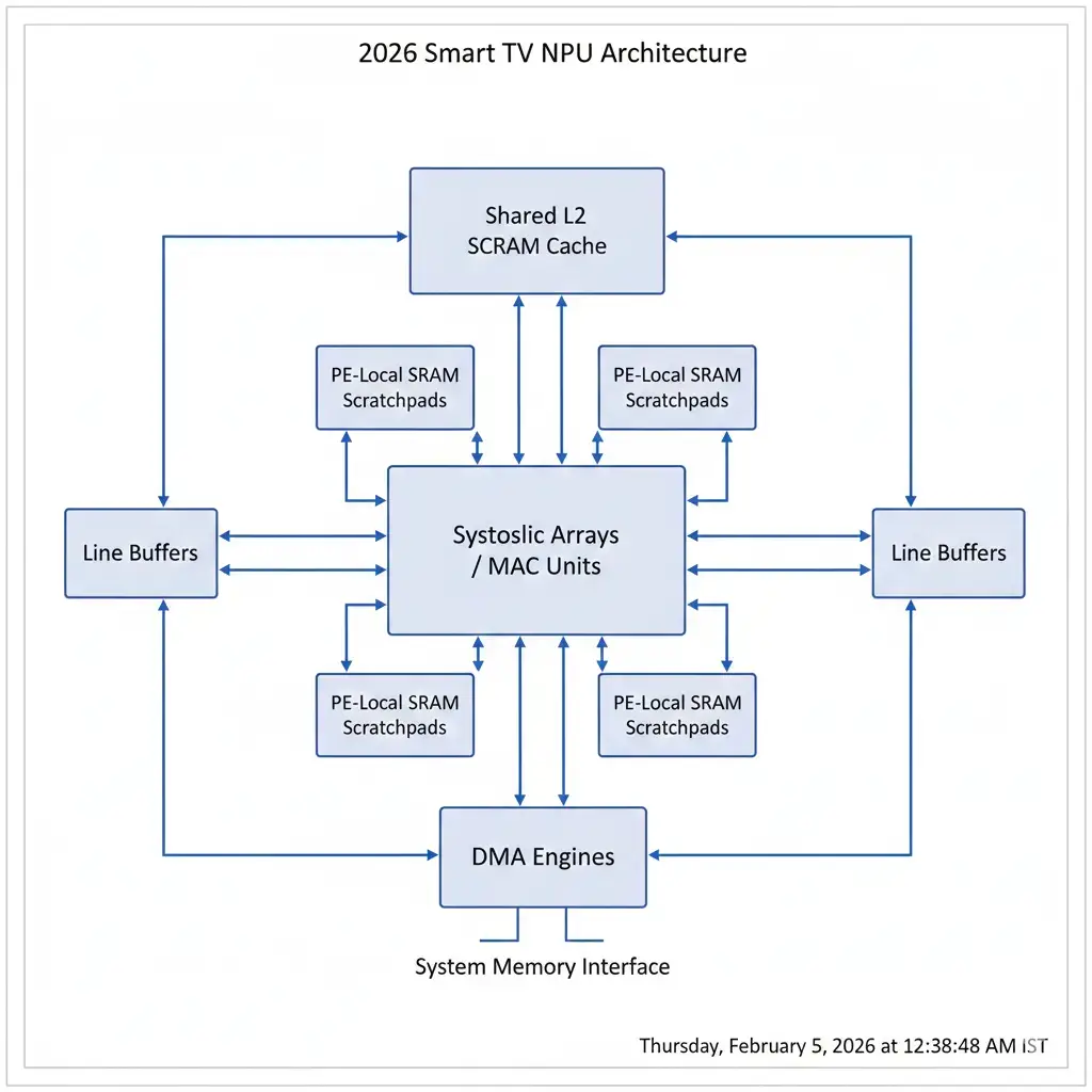 Detailed block diagram illustrating the internal architecture of a 2026 Smart TV NPU, showing systolic arrays, MAC units, local SRAM, L2 cache, and DMA engines. 