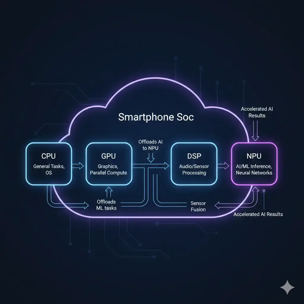 Diagram illustrating the heterogeneous computing environment within a smartphone SoC, showing how AI/ML tasks are offloaded from CPU and GPU to the NPU, alongside DSP for specialized processing.