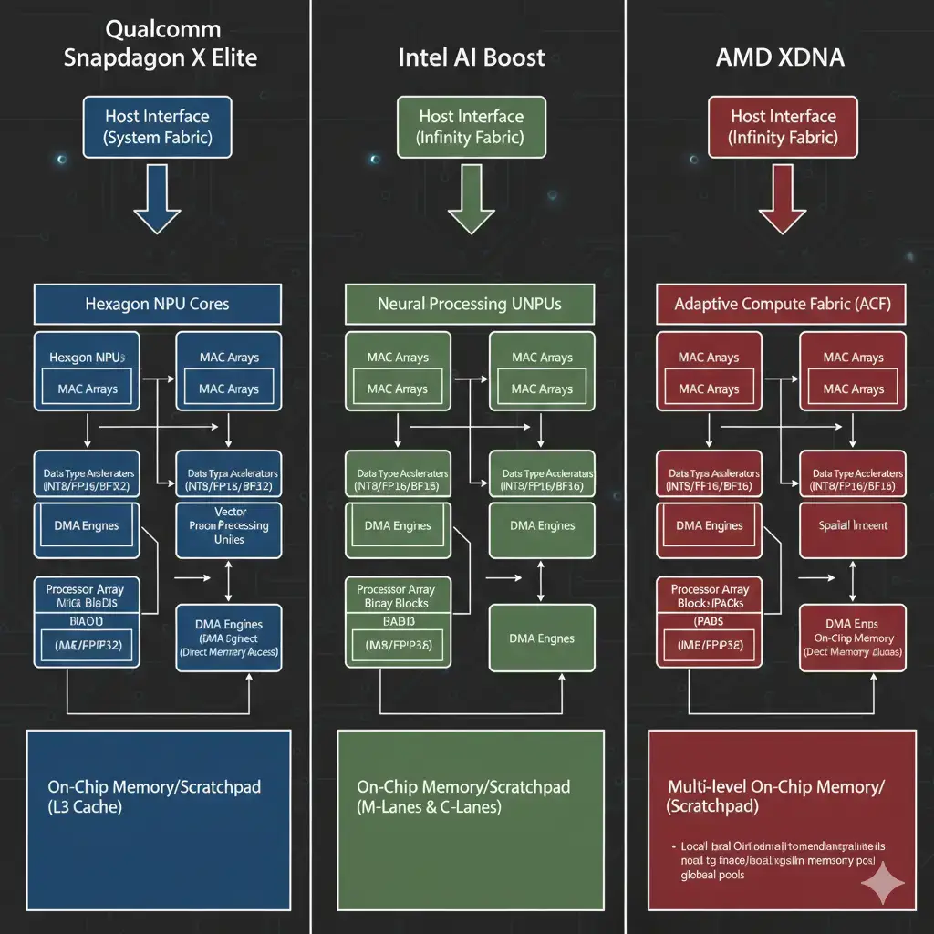 Detailed Hardware Block Comparison of Client NPUs Snapdragon X Elite, Intel AI Boost, and AMD XDNA NPU hardware architecture comparison