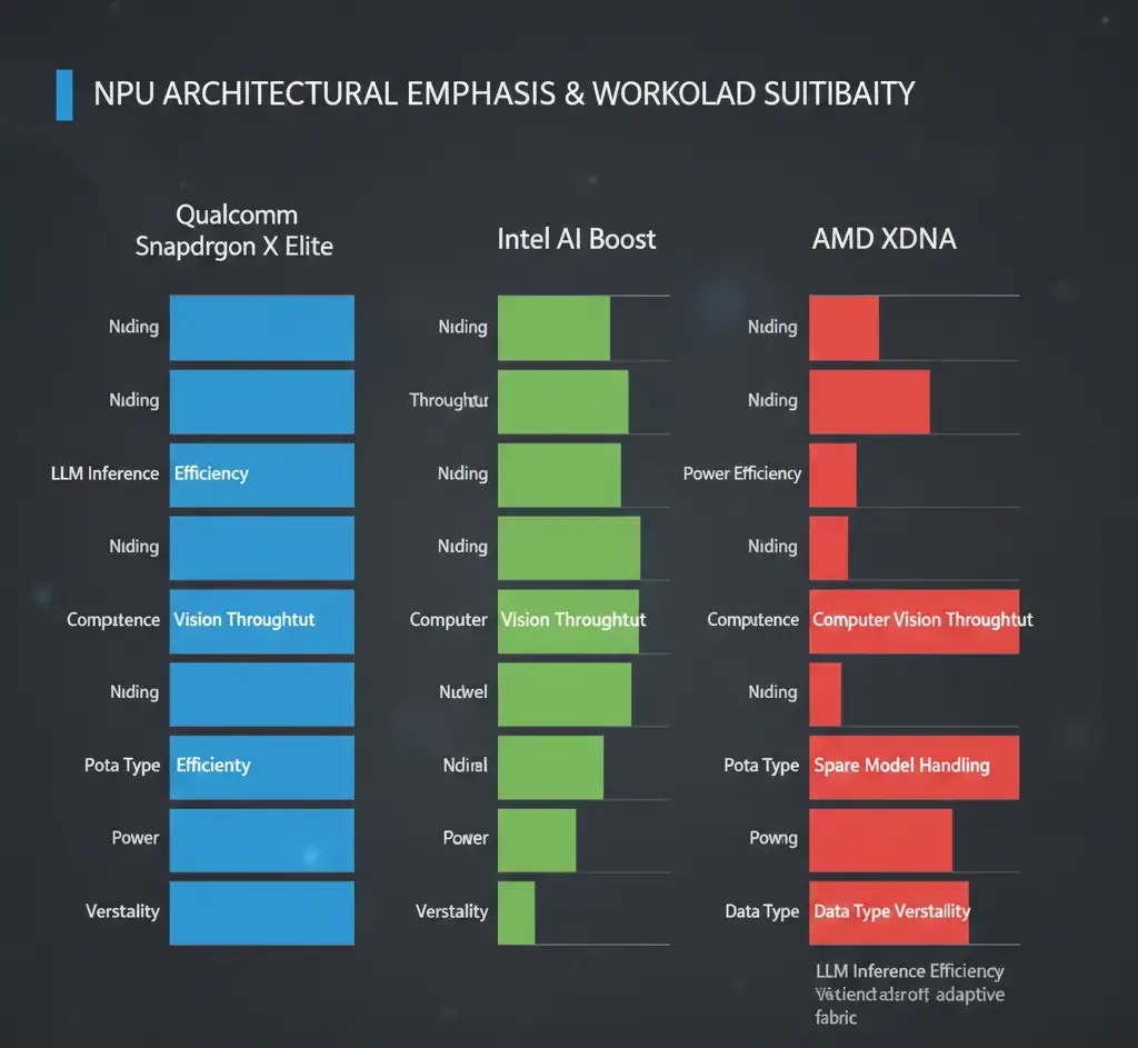 Conceptual NPU Workload Emphasis and Architectural Strengths NPU workload optimization and architectural strengths: Snapdragon X Elite, Intel AI Boost, AMD XDNA