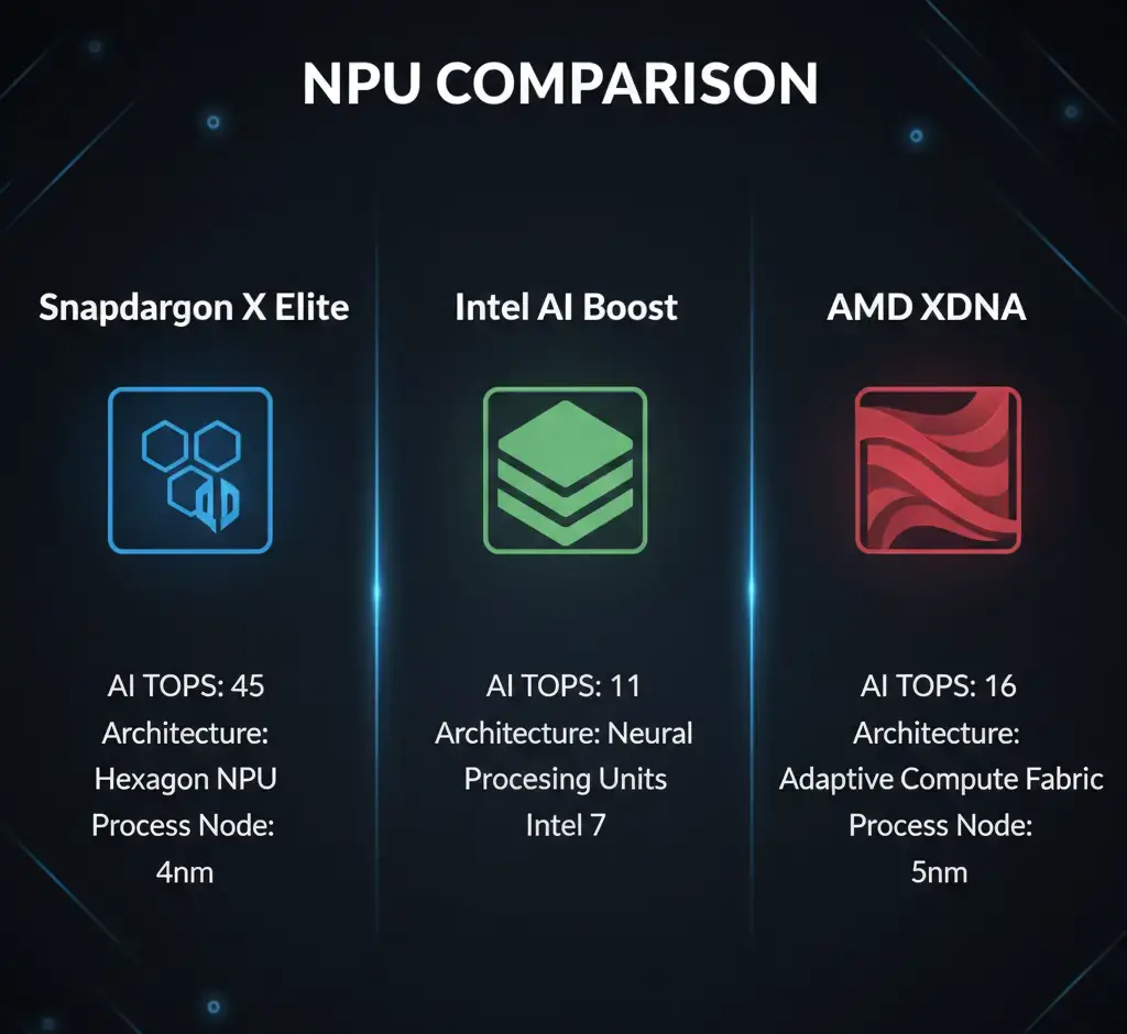Snapdragon X Elite vs Intel AI Boost vs AMD XDNA NPU architecture comparison shown as a side-by-side block diagram.