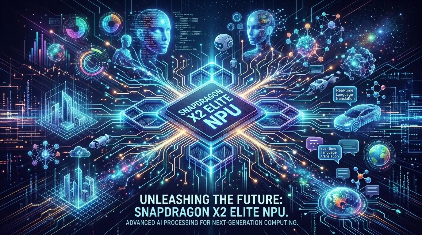 Abstract digital representation of the Snapdragon X2 Elite NPU with glowing circuits.